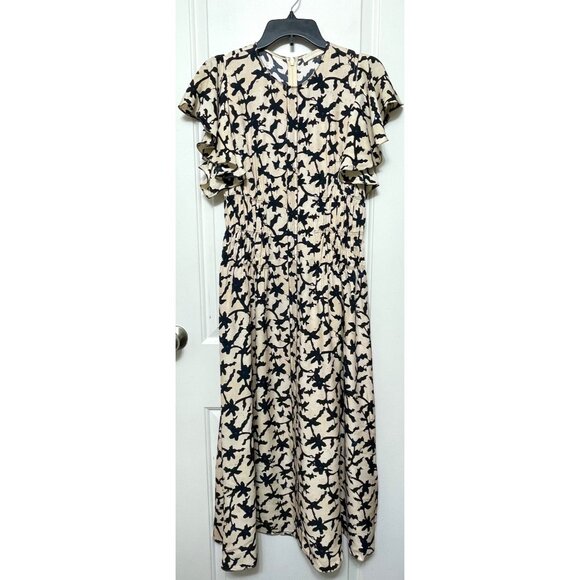 ULLA JOHNSON Anais ruffled printed crepe midi dress in Beige Black 4 - Picture 7 of 16